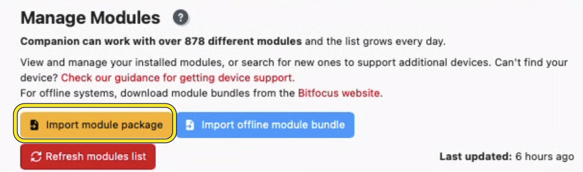 Companion's Manage Modules page with the Import module package button highlighted