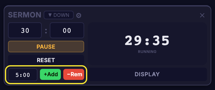 A running Down timer with the Adjust row highlighted: a 5:00 field, a green +Add button and a red βRem button