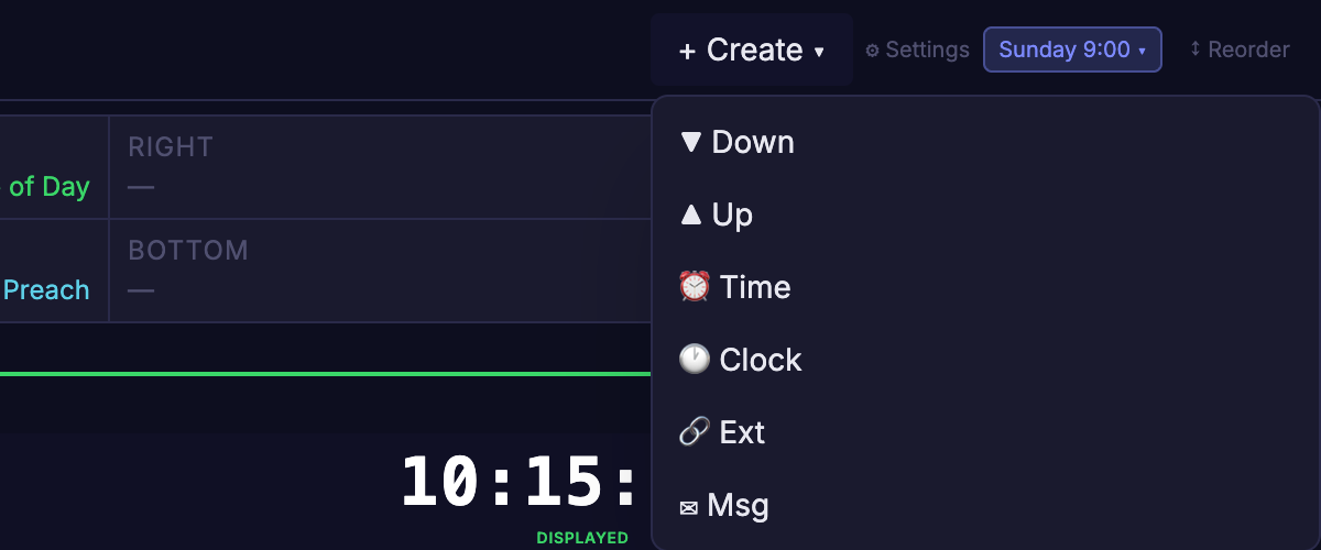 The control panel with the + Create menu open