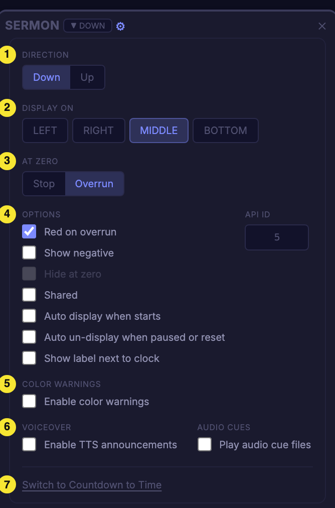A Down timer's gear panel with seven numbered areas