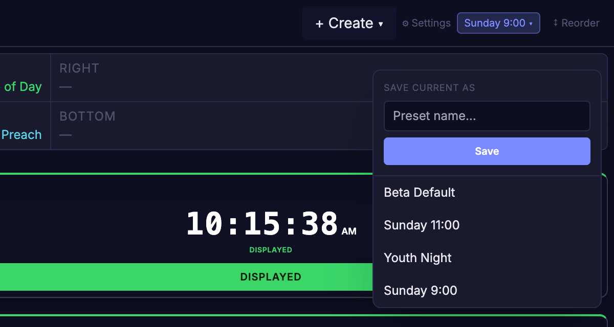 The Presets menu open, showing Save Current As and the saved Presets