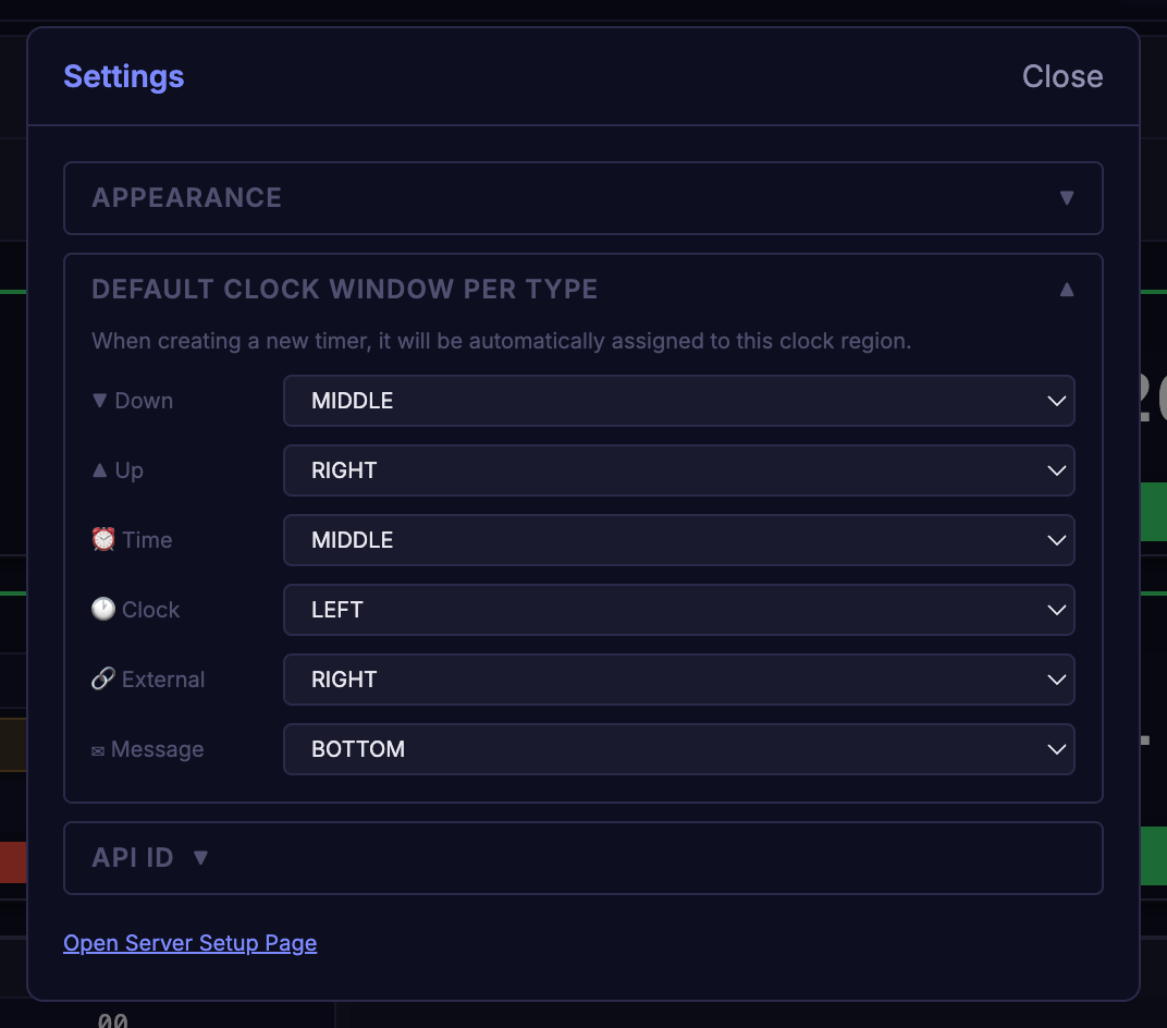 Settings → Default Clock Window Per Type in the control panel