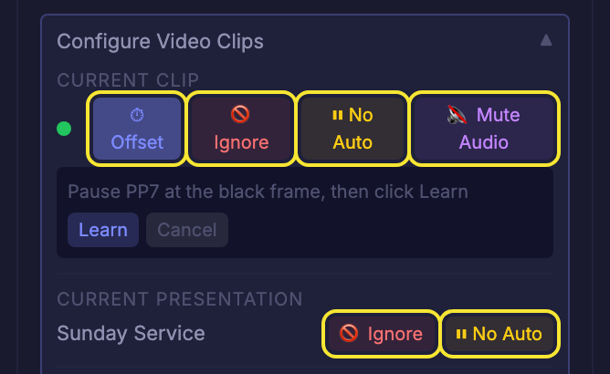 After clicking Offset: the message 'Pause PP7 at the black frame, then click Learn' with Learn and Cancel buttons