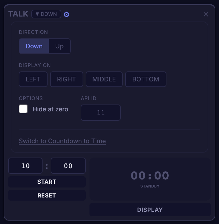 The gear panel of a countdown timer with every feature off: only Direction, Display On, and a Hide at zero option
