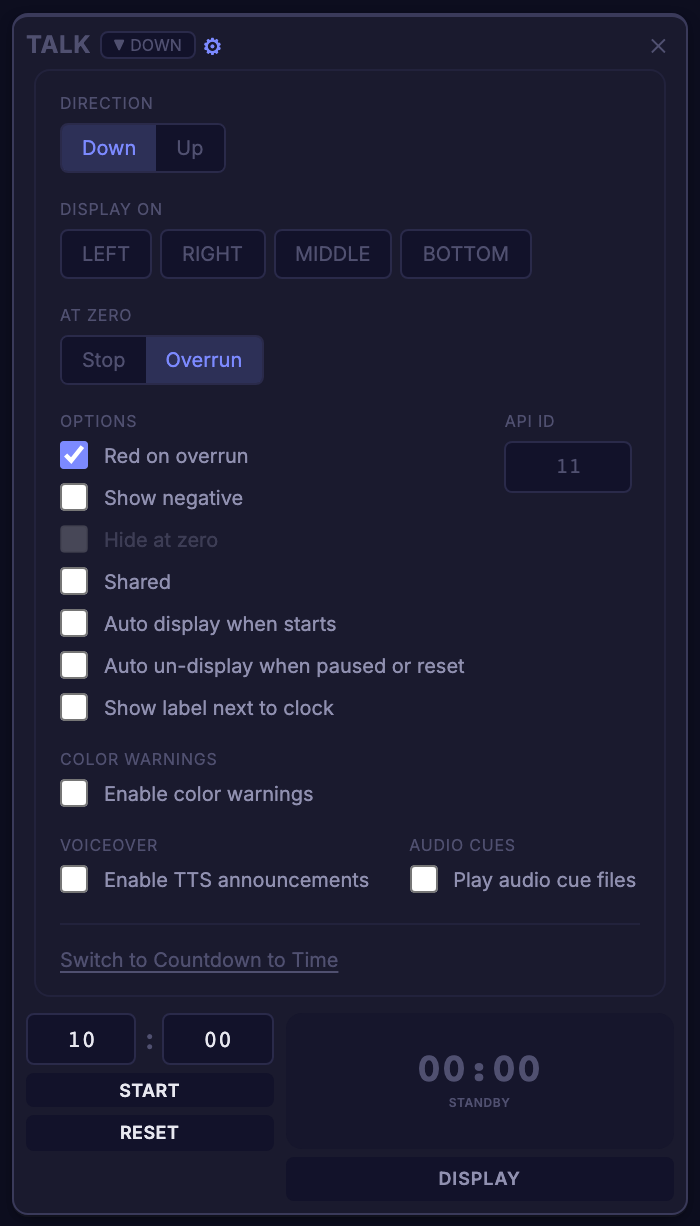 The gear panel with every feature on: At Zero, Red on overrun, Show negative, Shared, Auto display, Auto un-display, Show label, Color Warnings, Voiceover and Audio Cues are all present