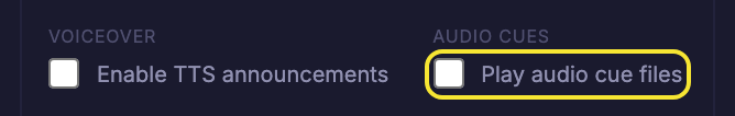The Play audio cue files checkbox in the gear panel