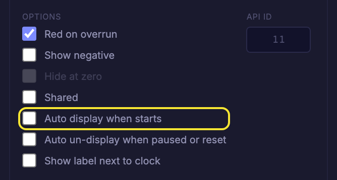 The Auto display when starts checkbox in the gear panel Options list