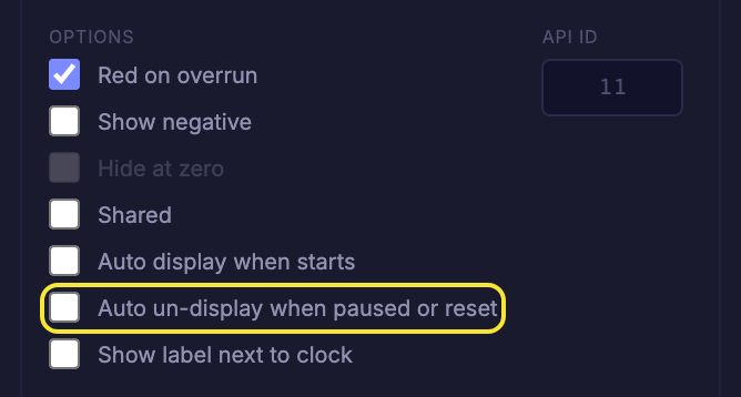 The Auto un-display when paused or reset checkbox in the gear panel Options list
