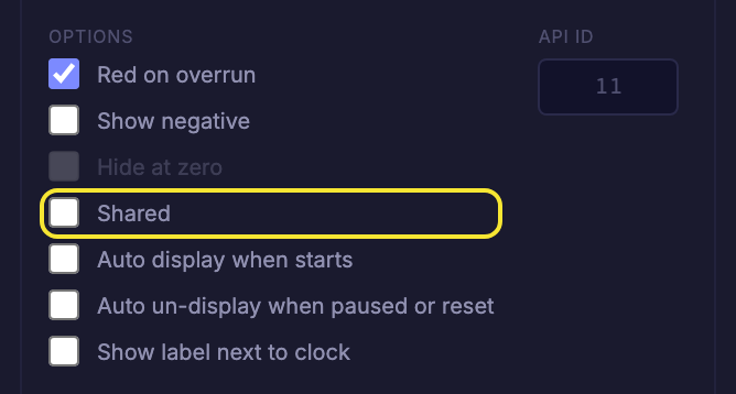 The Shared checkbox in the gear panel Options list
