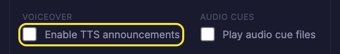 The Enable TTS announcements checkbox in the gear panel