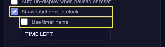 The gear panel with Show label next to clock ticked, Use timer name unticked, and a text field containing TIME LEFT: