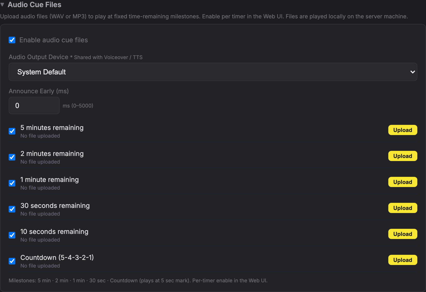 The Audio Cue Files section of /setup