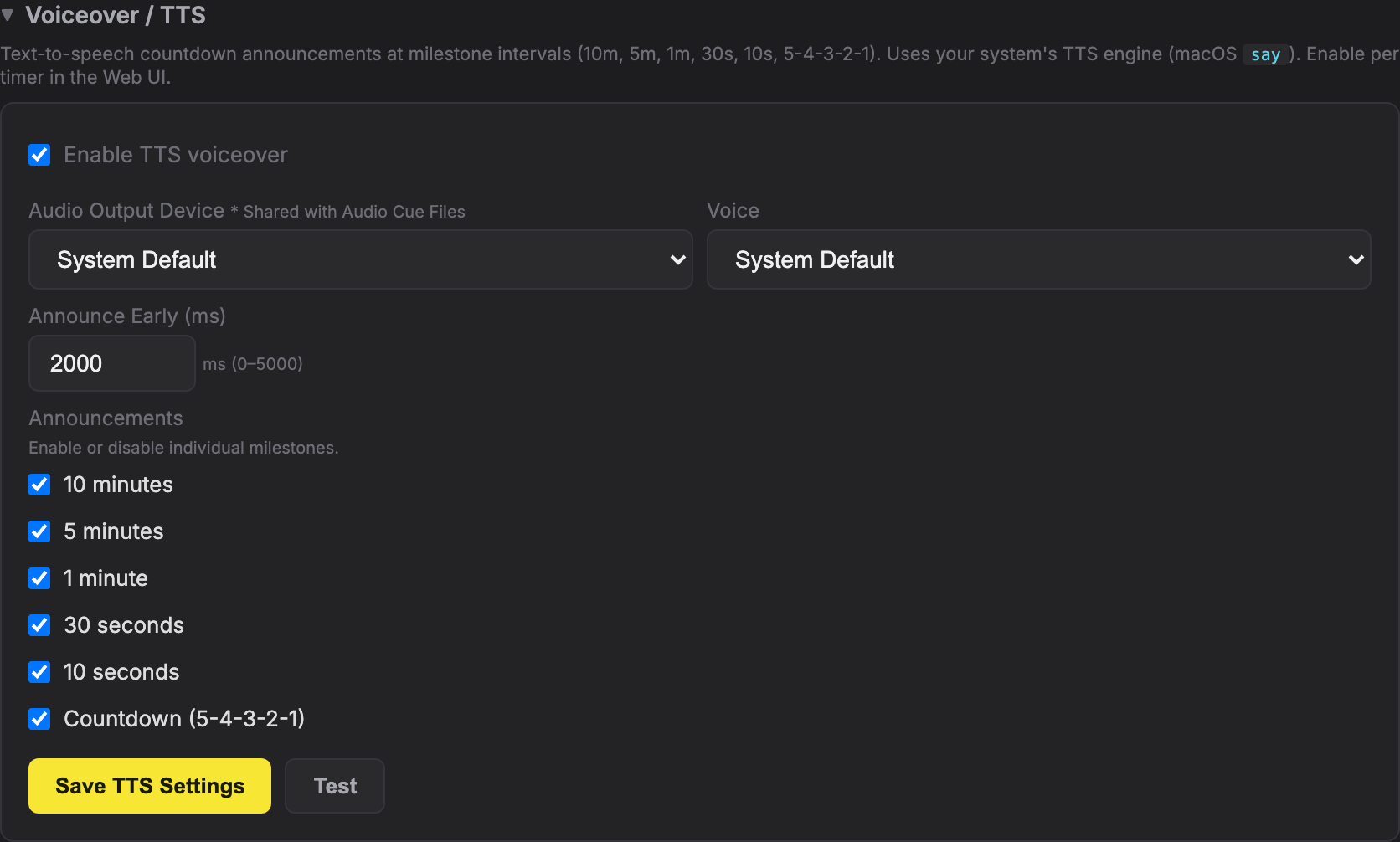 The Voiceover / TTS section of /setup