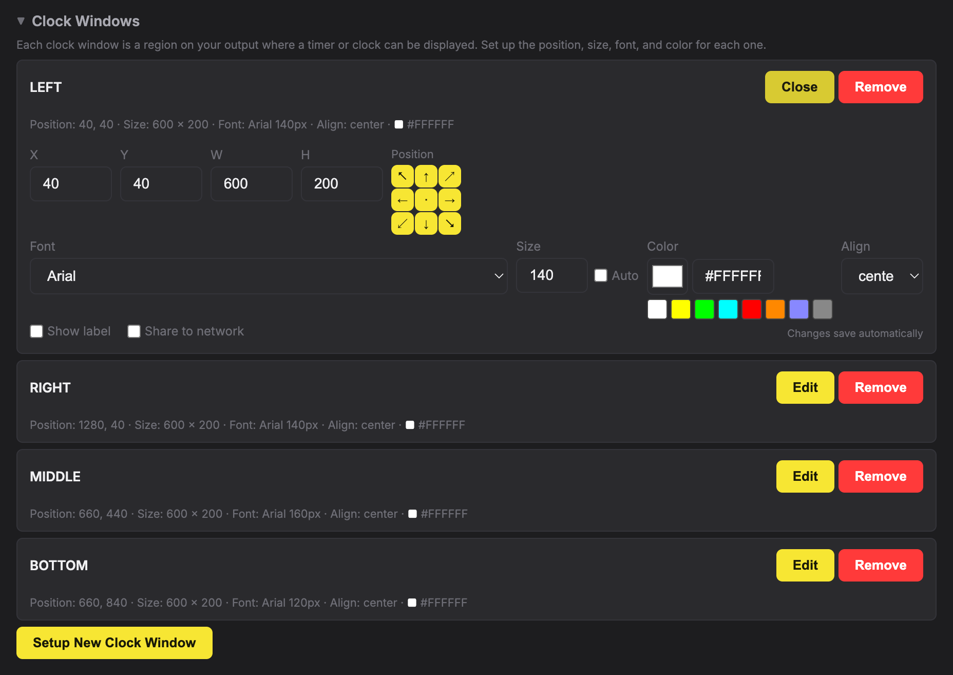 The Clock Windows section of /setup, with the LEFT window open for editing