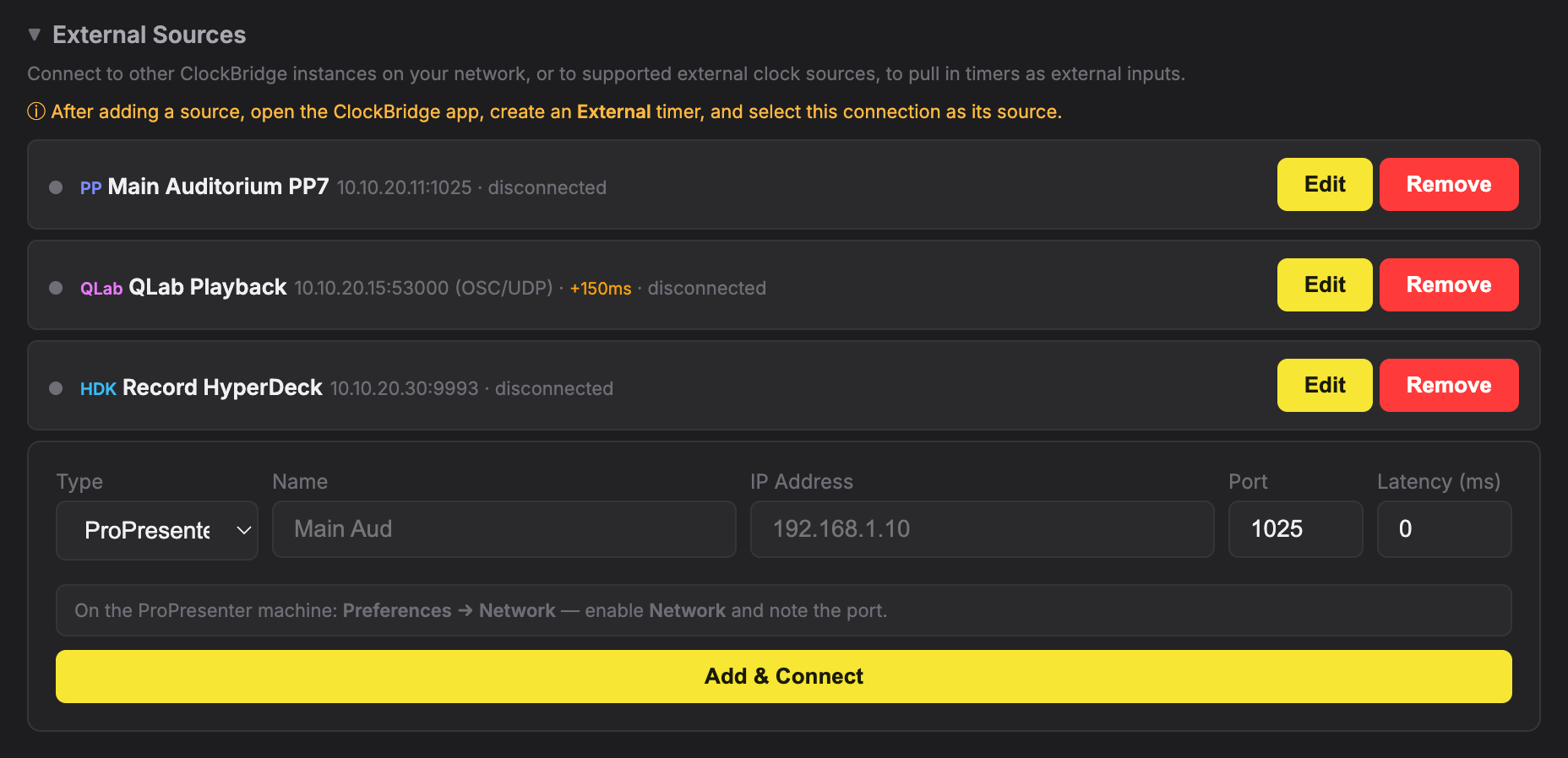 The External Sources section of /setup, listing ProPresenter, QLab and HyperDeck connections above the Add & Connect form