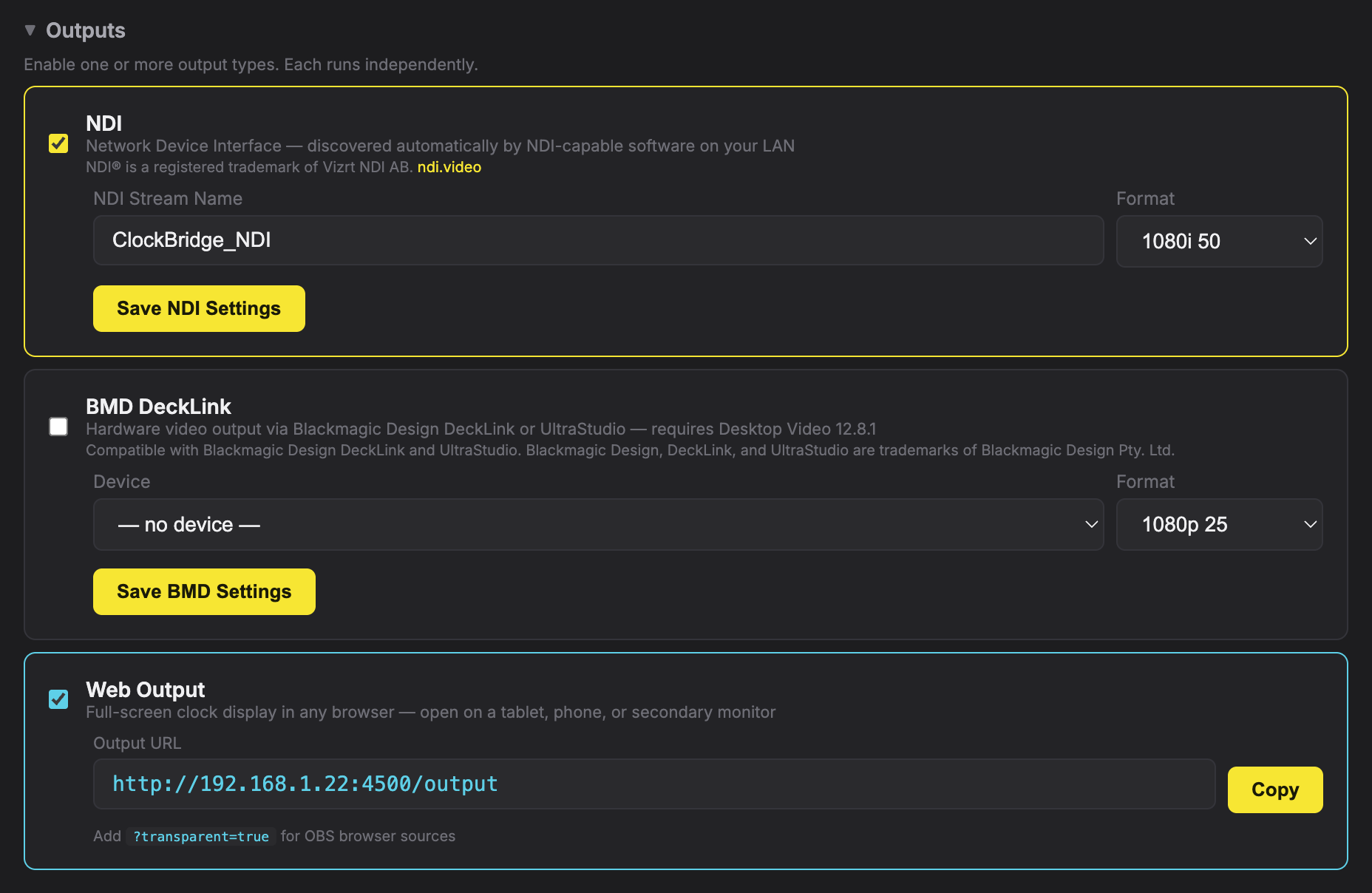 The Outputs section of /setup, with NDI and Web Output enabled
