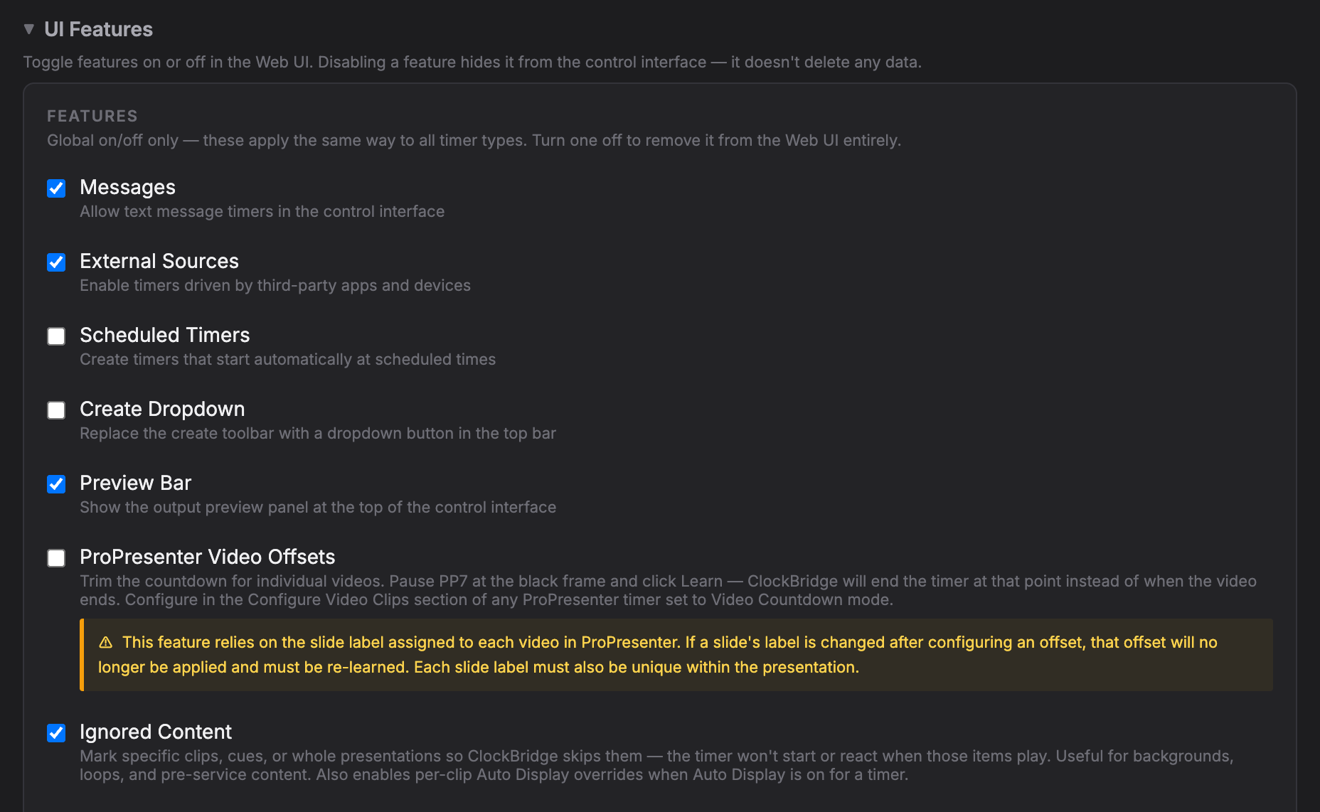 The general Features list in the UI Features section of /setup