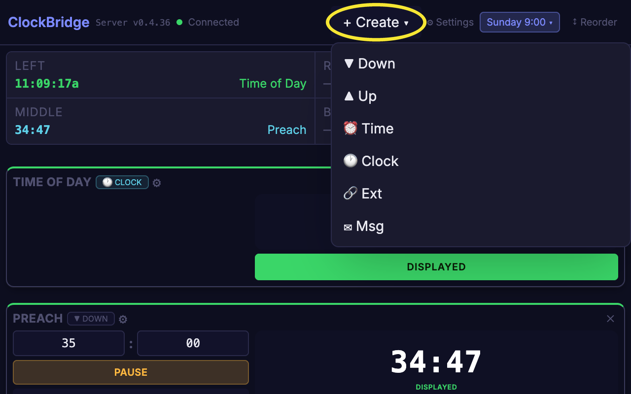 Control panel with Create Dropdown on: the + Create menu is open in the top bar