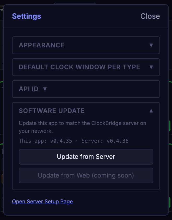 Settings → Software Update in the User app, showing the app and server versions and the Update from Server button